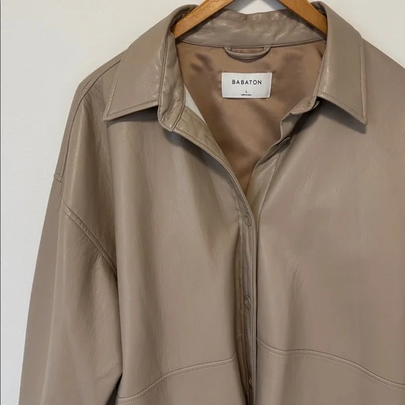 Babaton Pelli Shirt Jacket Vegan Leather Button-Down Relaxed Fit Cream SzL - Picture 1 of 14